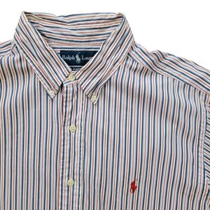 Ralph Lauren Button Down Shirt Red‎ White Blue Stripe Long Sleeve Classic Fit